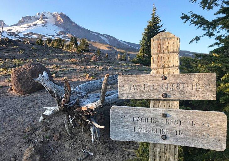 Señal del Pacific Crest Trail con el Mt. Hood de fondo
