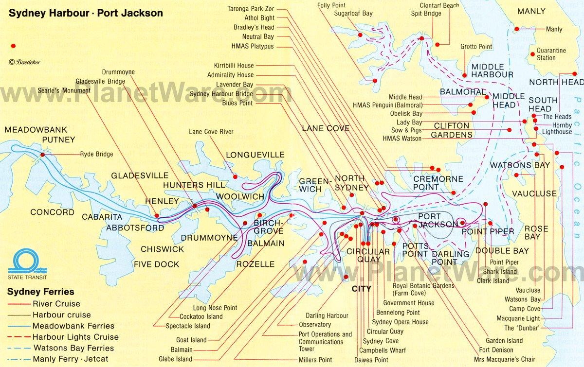 Mapa del puerto de Sídney - Puerto Jackson - Atracciones Turísticas