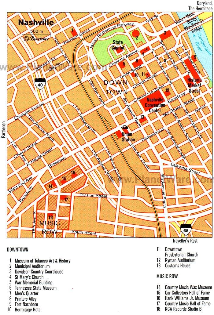 Mapa de Nashville - Atracciones Turísticas