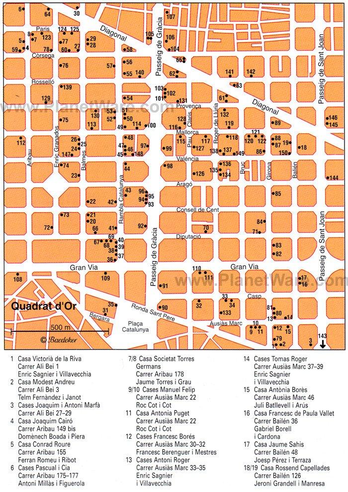 Mapa del Quadrat d'Or - Atracciones turísticas