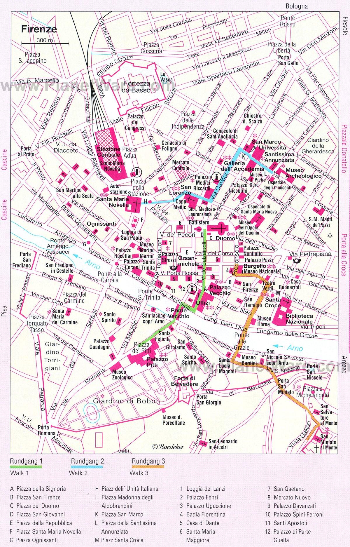 Mapa de Rutas a Pie por Florencia - Atracciones Turísticas