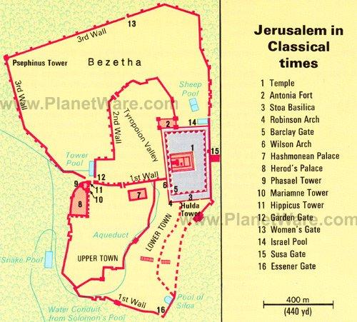 Mapa antiguo de Jerusalén - Atracciones turísticas