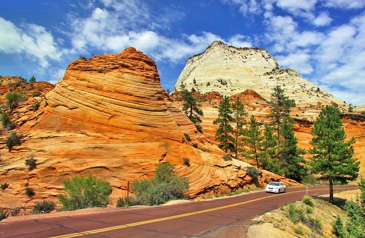 Coche en una carretera escénica en el Parque Nacional Zion