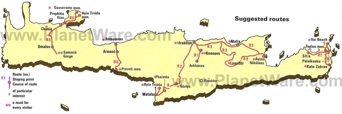 Mapa de Rutas Sugeridas en Creta - Atracciones Turísticas