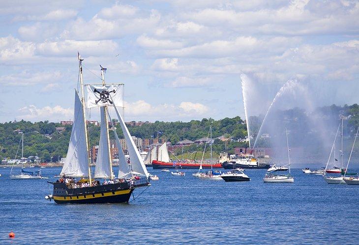 Ein Großsegler segelt aus dem Hafen von Halifax