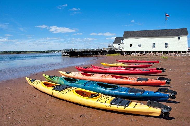 Bunte Kajaks an einem Strand auf Prince Edward Island