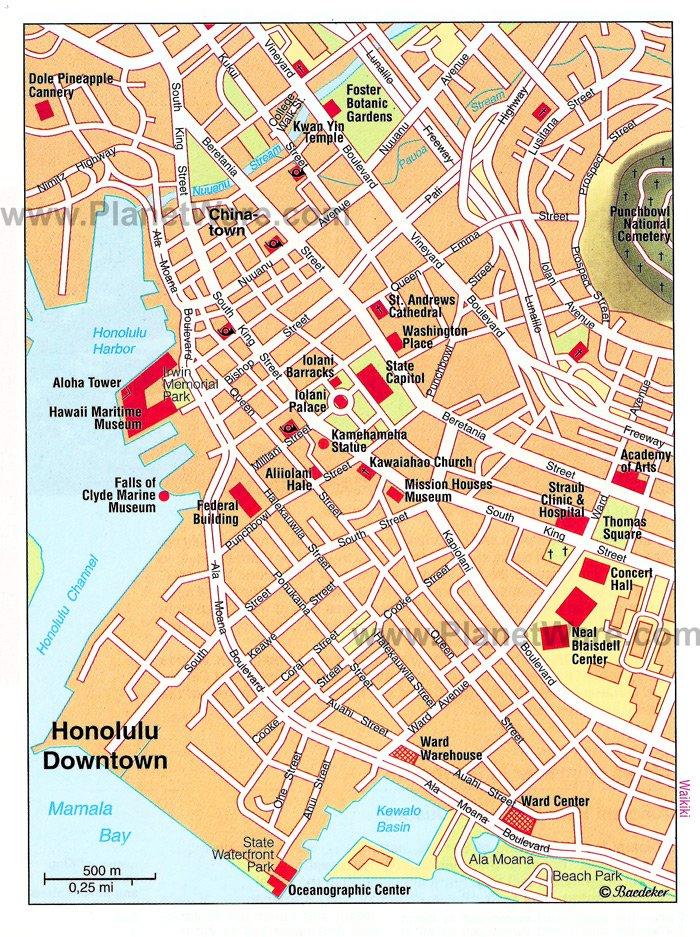 Mapa de Honolulu (Centro) - Atracciones turísticas