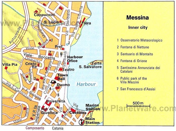 Mapa del Centro de Messina - Atracciones Turísticas