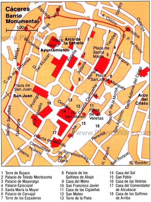 Cáceres - Mapa del Barrio Monumental - Atracciones Turísticas