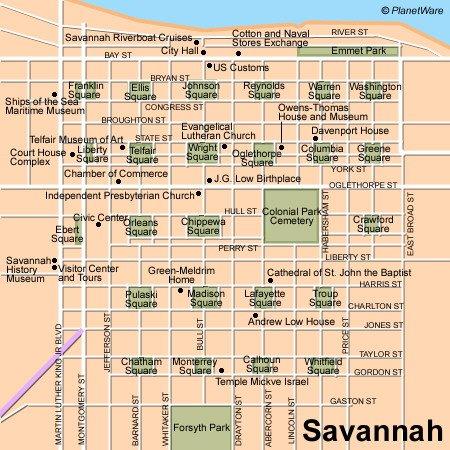 Mapa de Savannah - Atracciones Turísticas