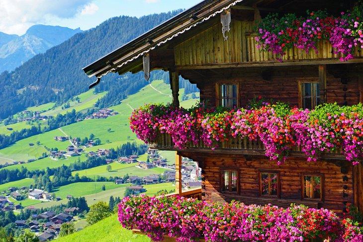 Flores coloridas floreciendo en una granja de madera en Alpbach