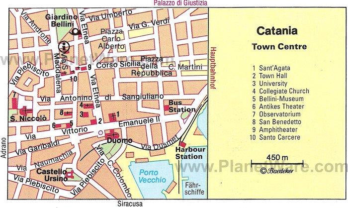 Carte du centre-ville de Catania - Attractions Touristiques