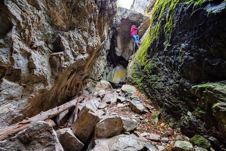 Escalando un acantilado rocoso en el Parque Provincial Skaha Bluffs