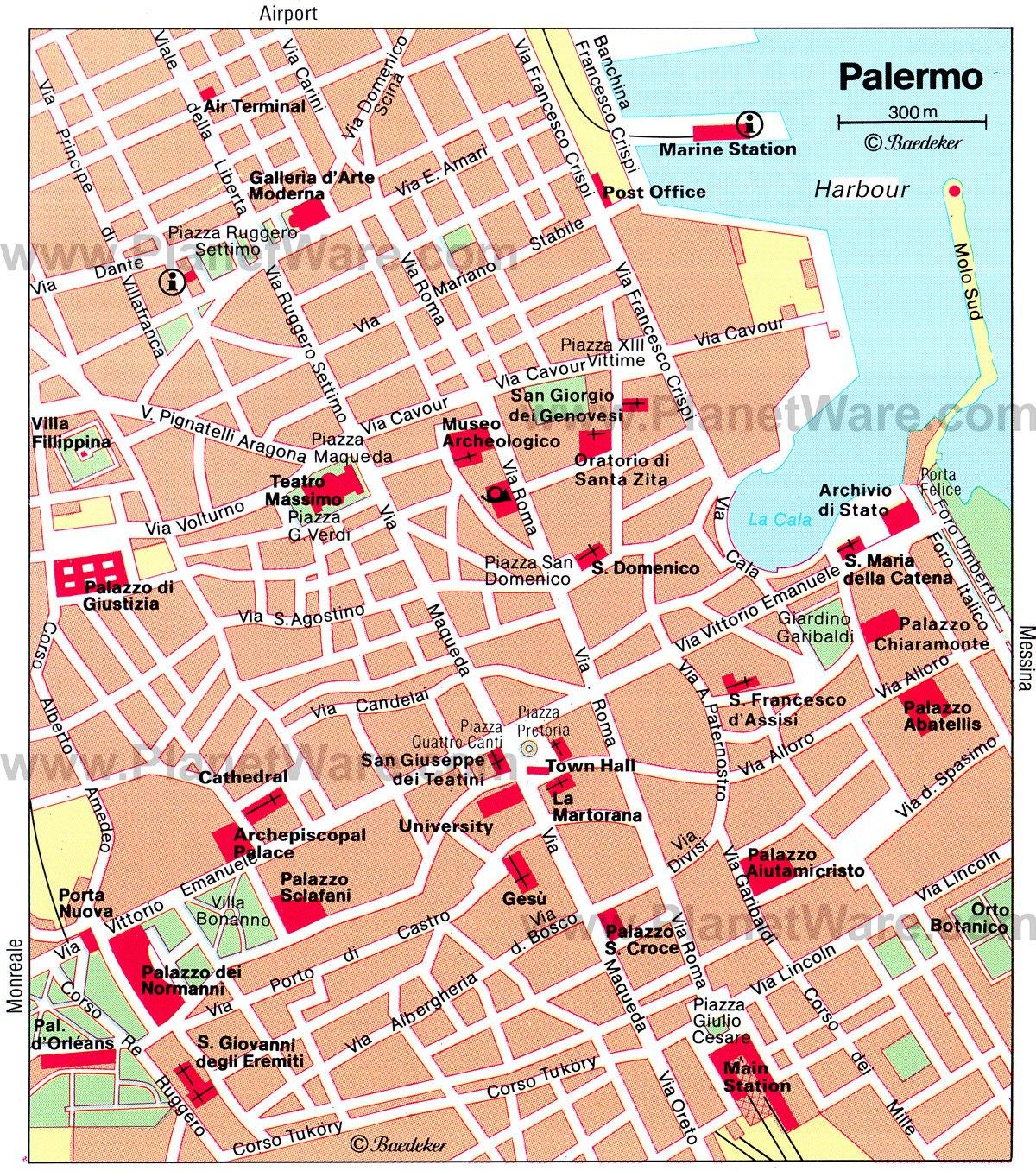 Mapa del centro de la ciudad de Palermo - Atracciones turísticas