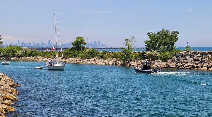Vista del horizonte de Toronto desde un sendero en el Parque Lakefront Promenade