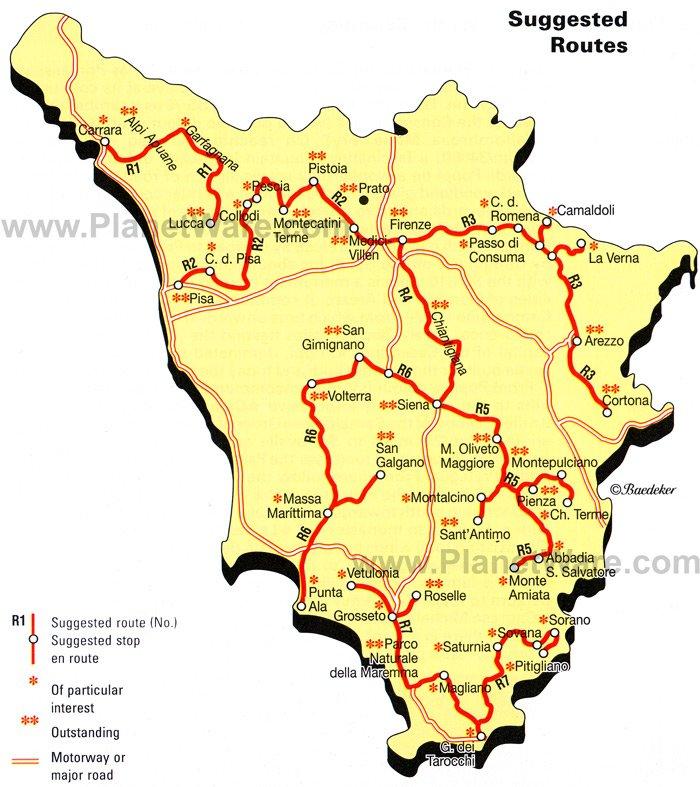 Toscana - Mapa de Rutas Sugeridas - Atracciones Turísticas