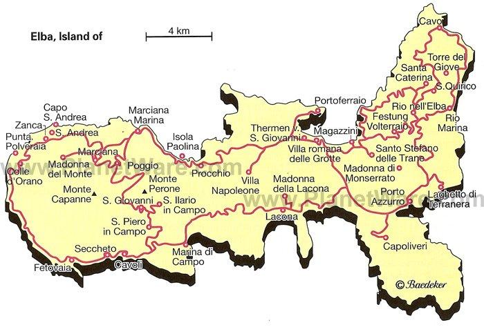Mapa de la Isla de Elba - Atracciones Turísticas