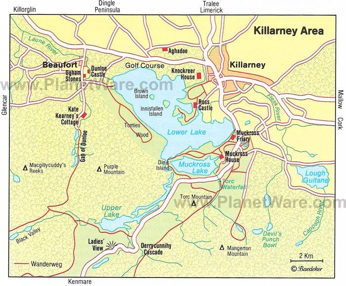 Mapa del Área de Killarney - Atracciones Turísticas