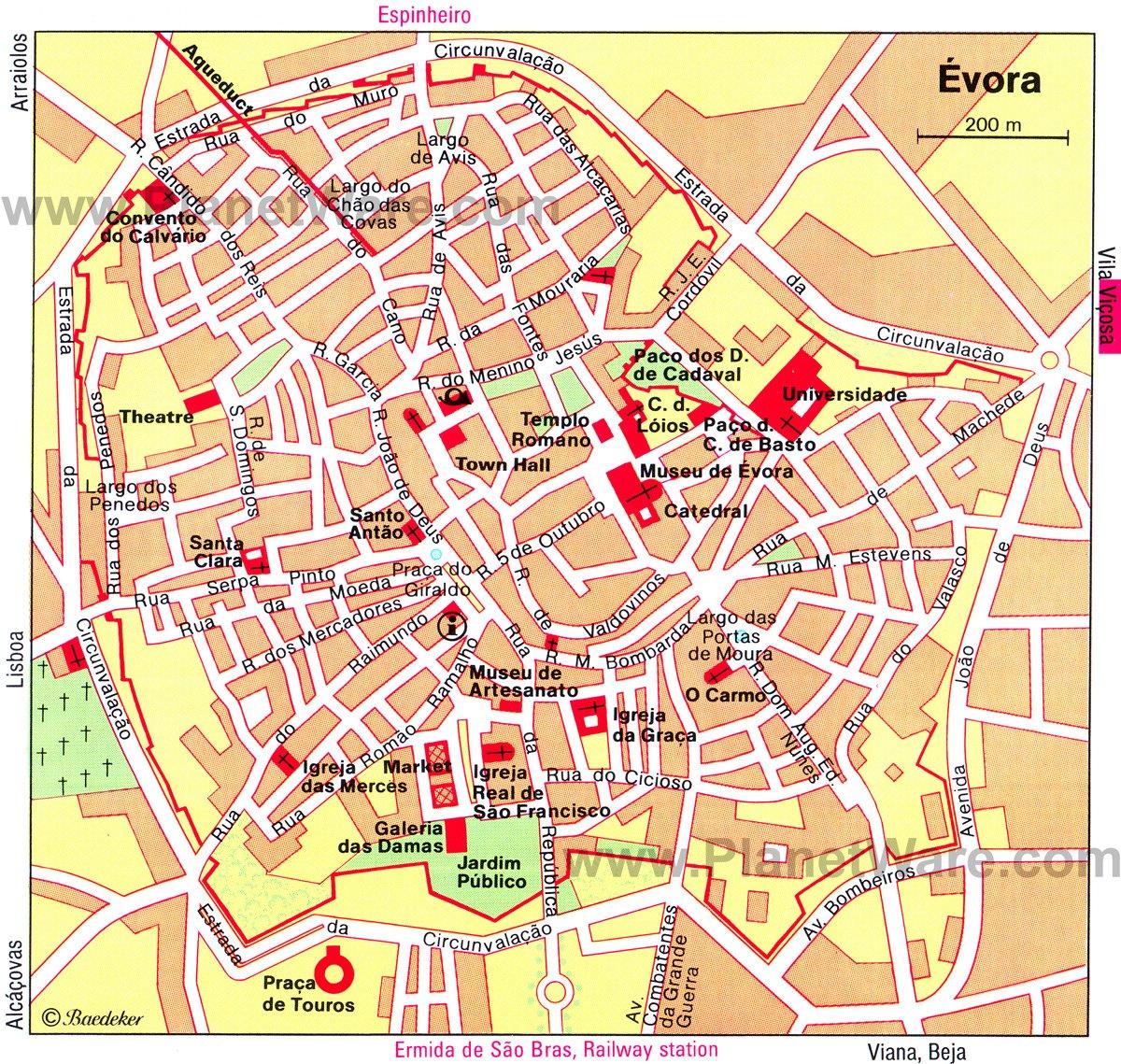 Mapa de Évora - Atracciones Turísticas
