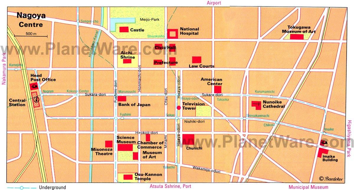 Mapa del Centro de Nagoya - Atracciones Turísticas