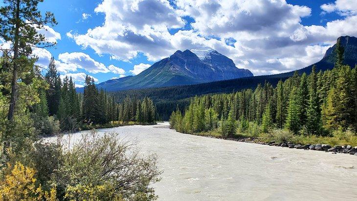 Río Bow entre el camping de tiendas y roulottes de Lake Louise