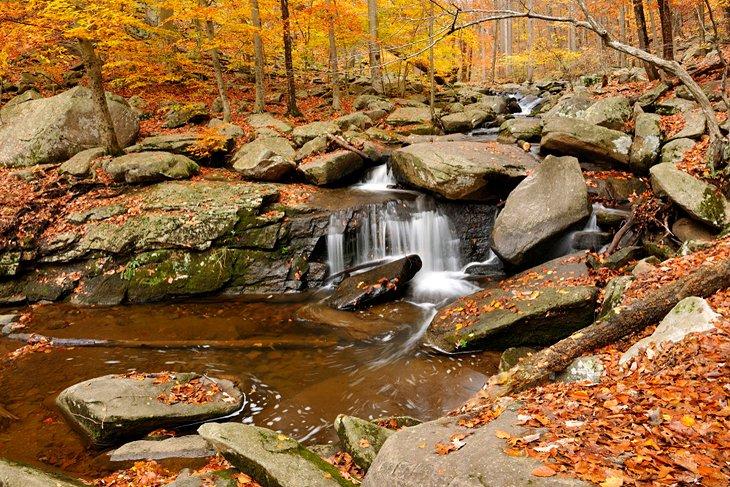 Cascada del Parque Estatal Hacklebarney con hojas de otoño
