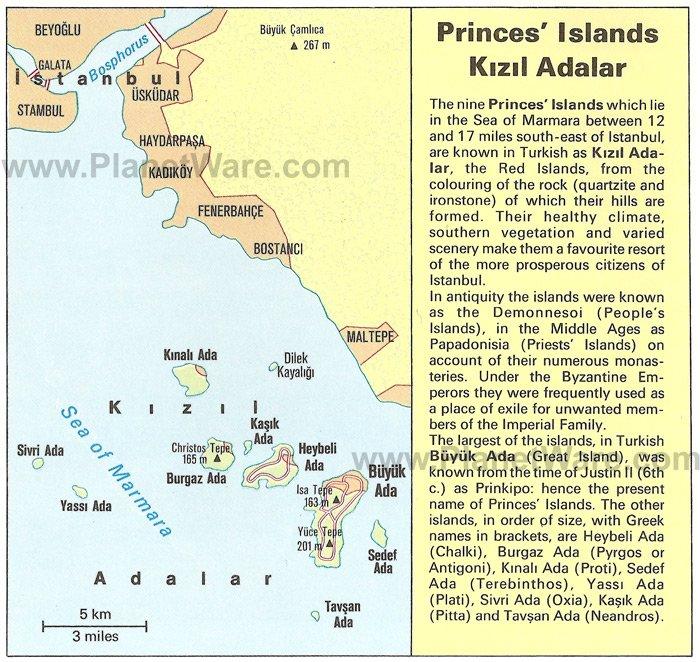 Mapa de las Islas Príncipe Kizil Adalar - Atracciones Turísticas