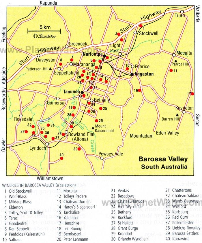 Karte des Barossa Valley - touristische Attraktionen