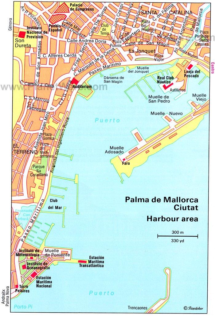 Mapa del área del puerto de Palma de Mallorca - Atracciones turísticas