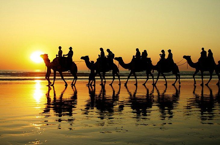 Paseo en camello al atardecer en Cable Beach