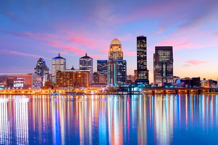 Louisville skyline at sunset