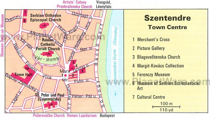 Carte du centre-ville de Szentendre - Attractions touristiques