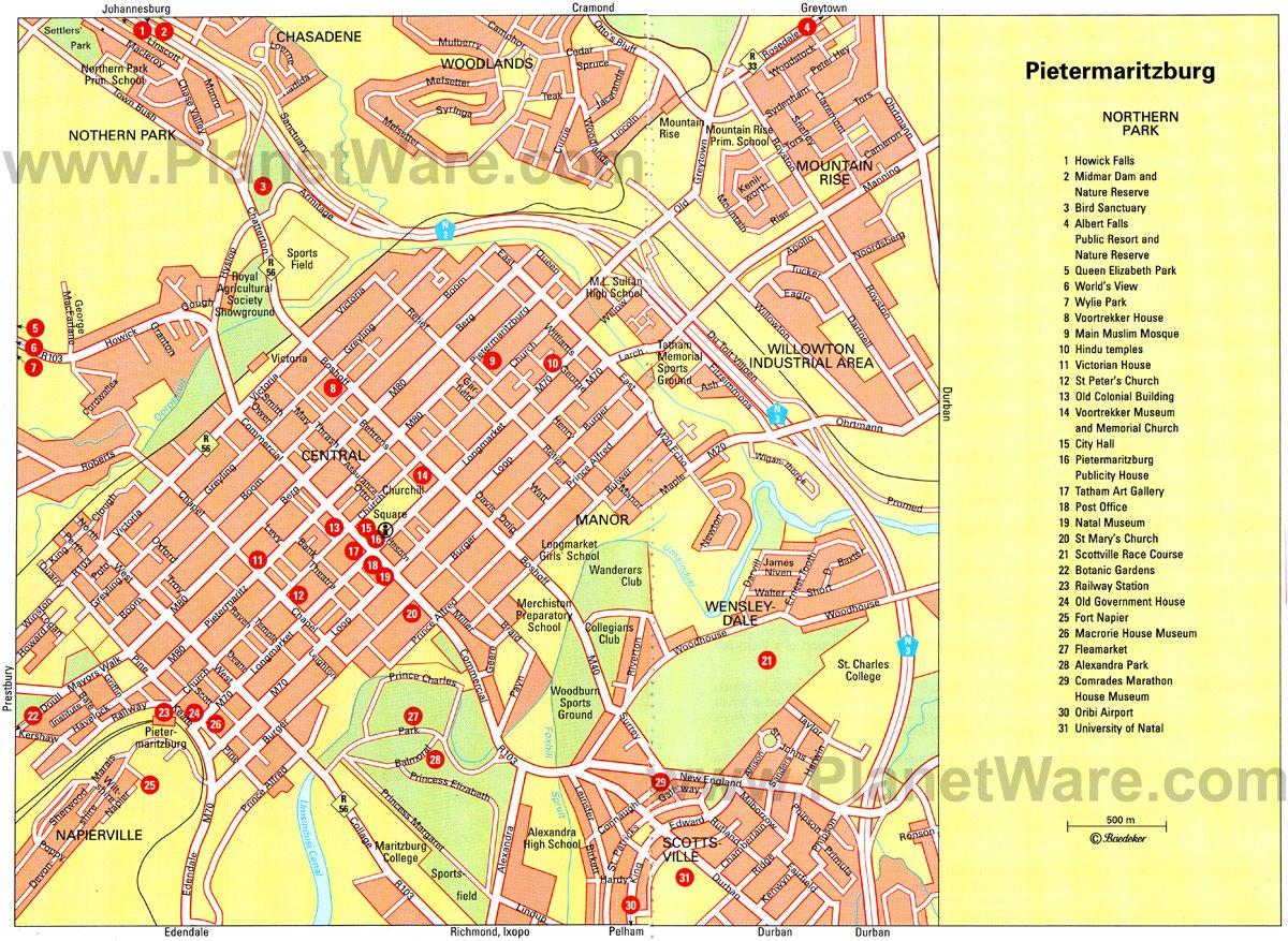 Mapa de Pietermaritzburg - Atracciones Turísticas