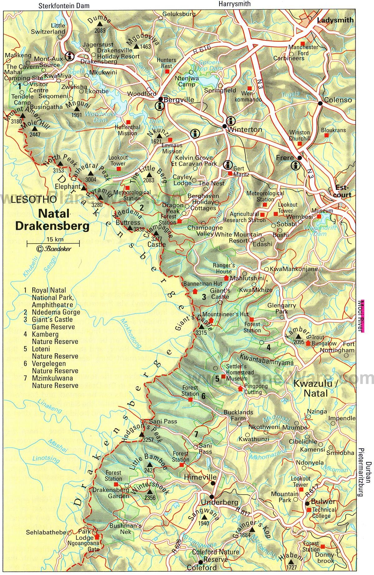 Mapa de Drakensberg Natal - Atracciones Turísticas