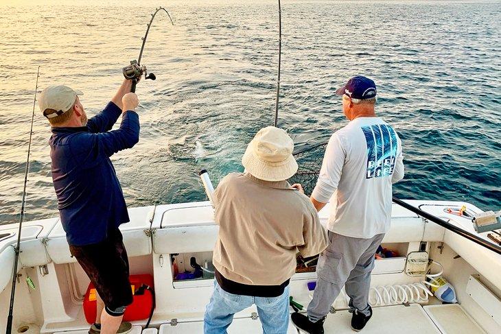 Doppelte Verbindung beim Lachsfischen während eines Ausflugs auf dem Michigansee