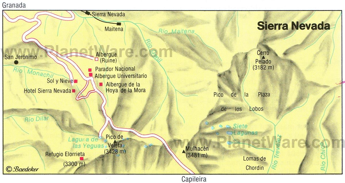 Carte de la Sierra Nevada - Attractions Touristiques