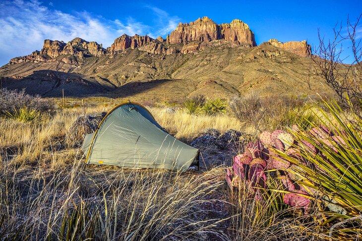 Acampada en tienda en el desierto frente a las Montañas Chisos en el Parque Nacional Big Bend, Texas