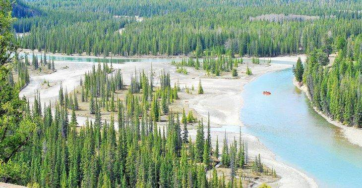 Ein Floß auf dem Athabasca River im Jasper Nationalpark