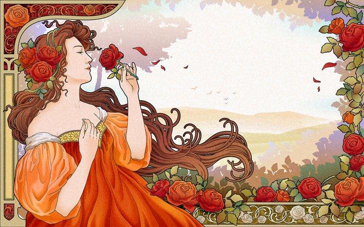 La déesse Mucha tenant des roses dans le jardin, affiche rétro Art Nouveau