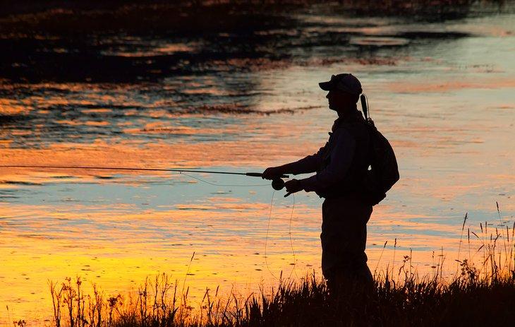 Pêcheur à la mouche au coucher du soleil près du parc national de Yellowstone