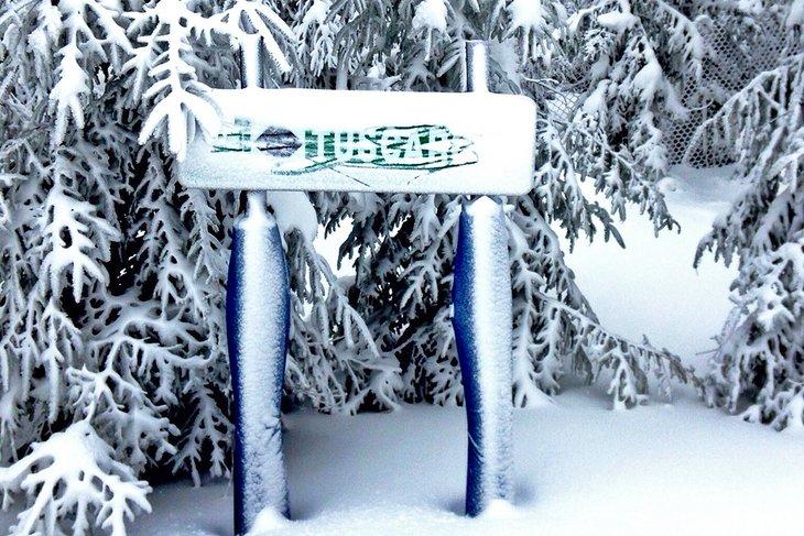 Cartel de sendero cubierto de nieve en Elk Mountain Ski Resort