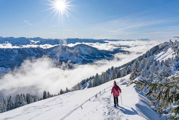 Caminante de raquetas de nieve en Bregenzerwald