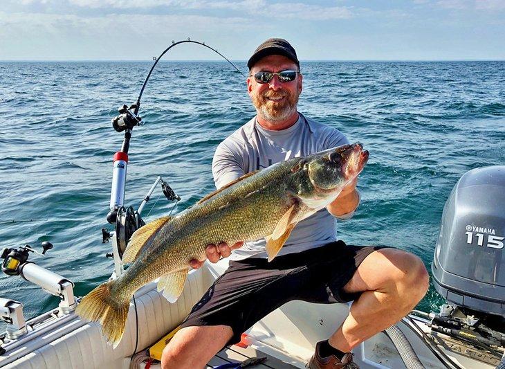 Pescador sosteniendo un gran lucioperca capturado en el Lago Erie