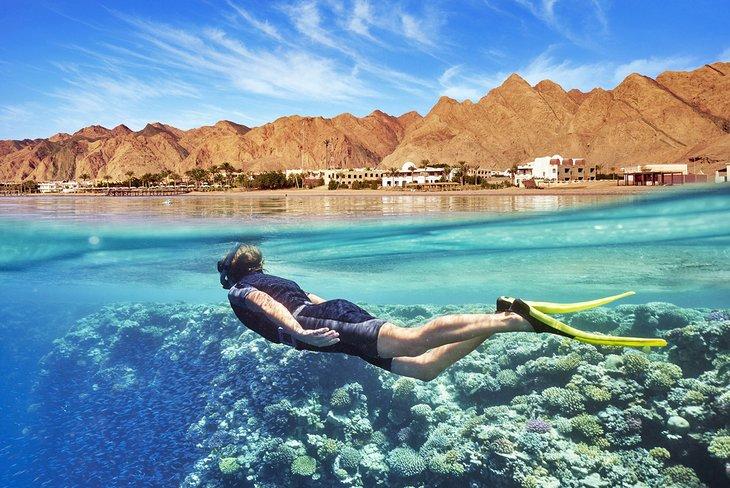 Buceador libre disfrutando de los arrecifes de coral de Dahab