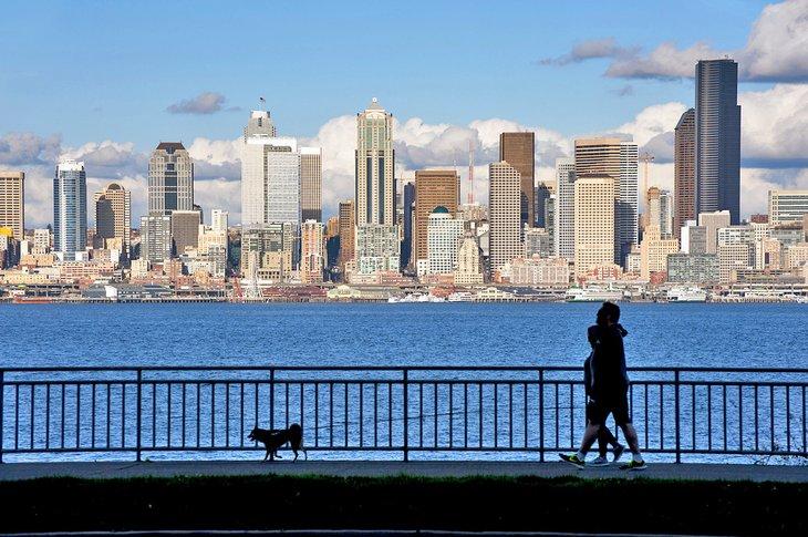 Un couple marche avec leur chien à Seattle