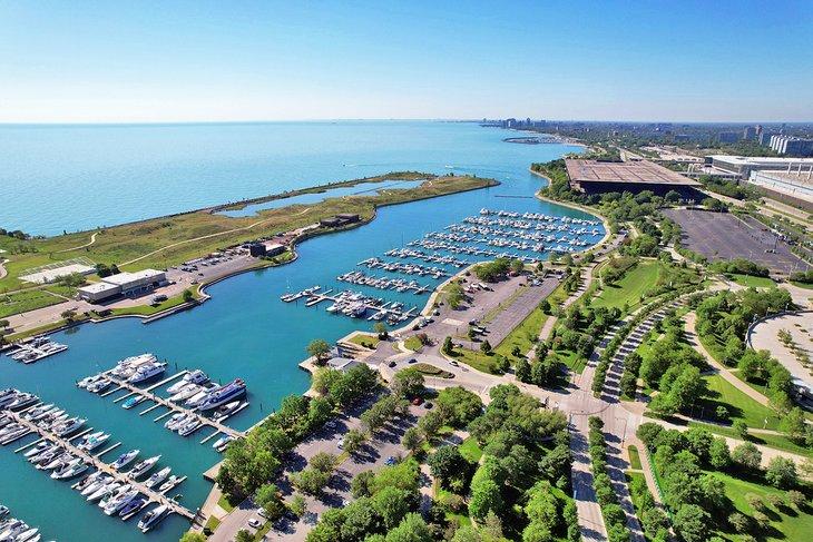 Vue aérienne de Burnham Park et Burnham Harbor