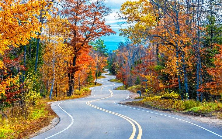 Camino sinuoso a través de colores de otoño en Door County