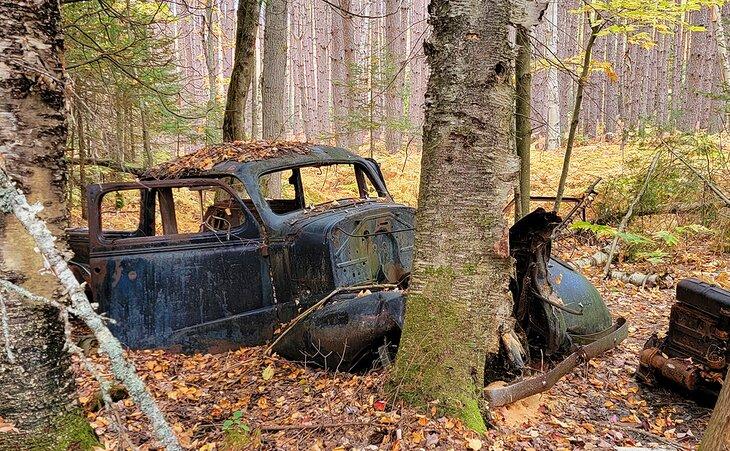 Vehículo viejo fuera del sendero Granite Ridge en un bosque de pinos