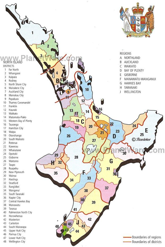 Nouvelle-Zélande - Carte des Régions et Districts de l'île du Nord