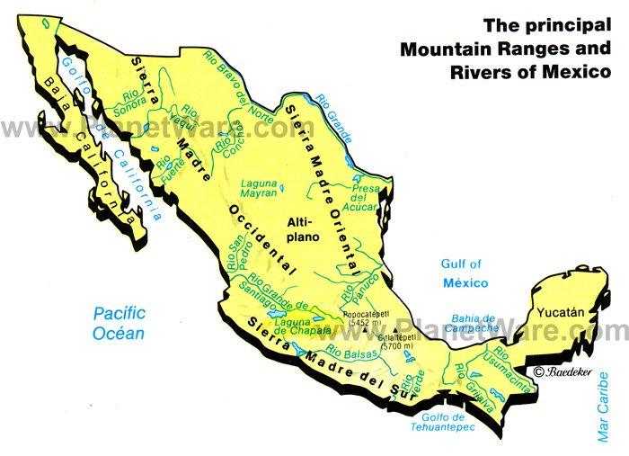 Karte der Gebirgszüge und Flüsse in Mexiko